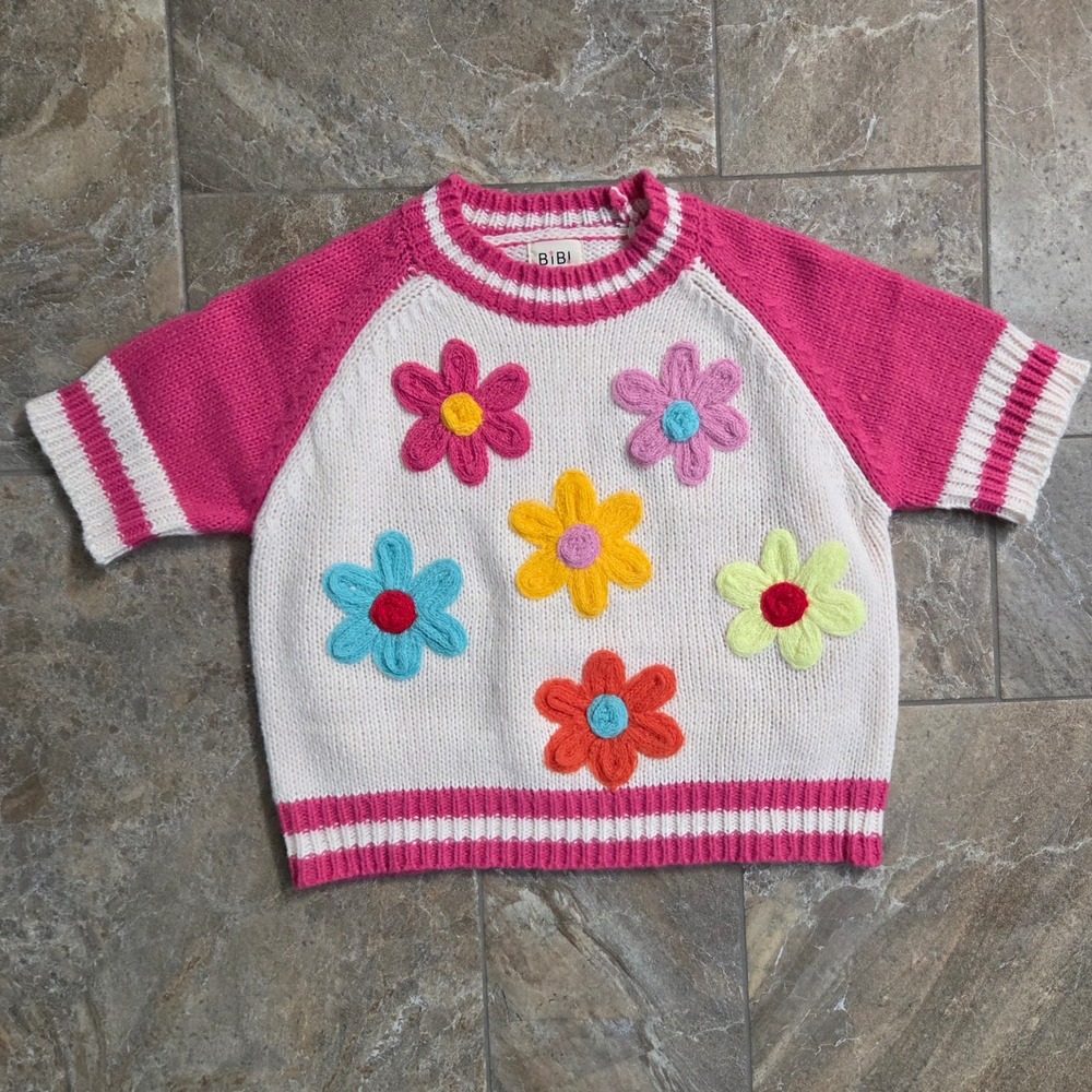 BiBi Women Pink White Floral 3D Applique Short Sleeve Knit Sweater S Boho